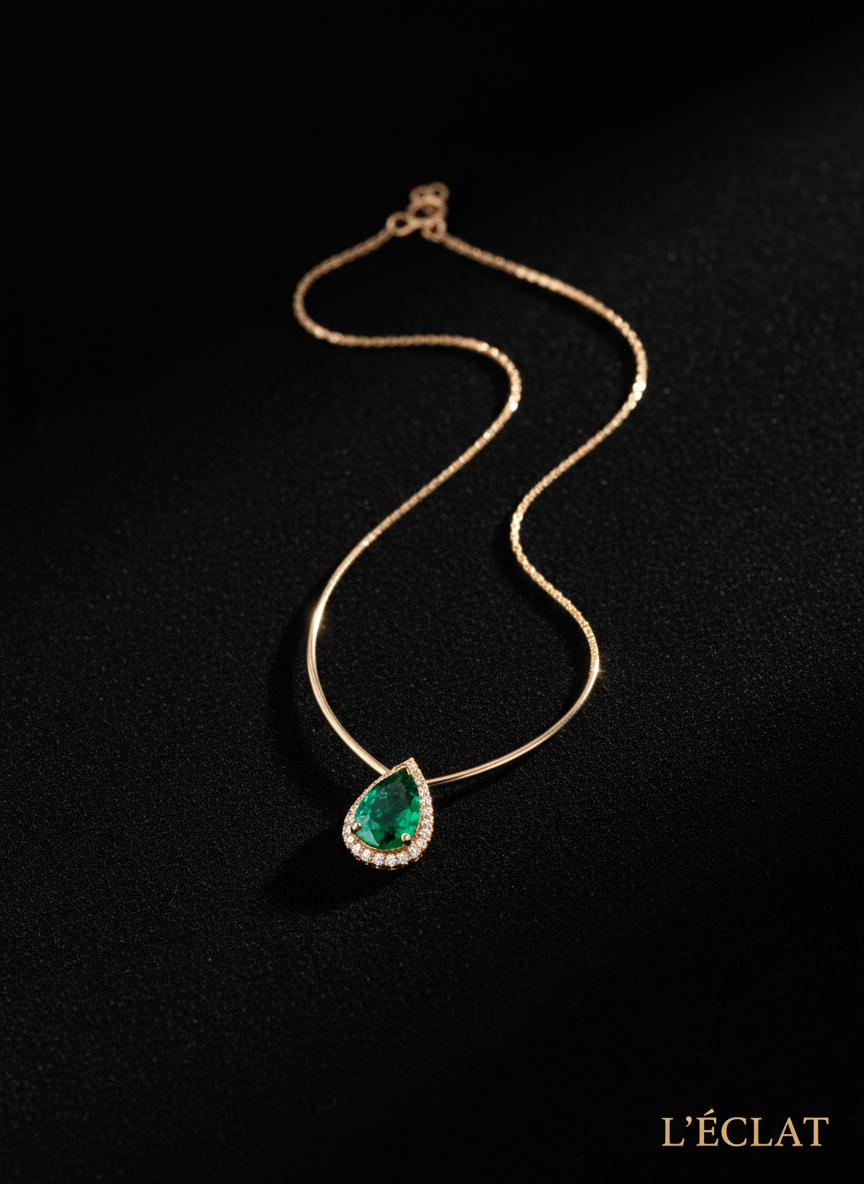 Luxury gold necklace with gemstone on black background