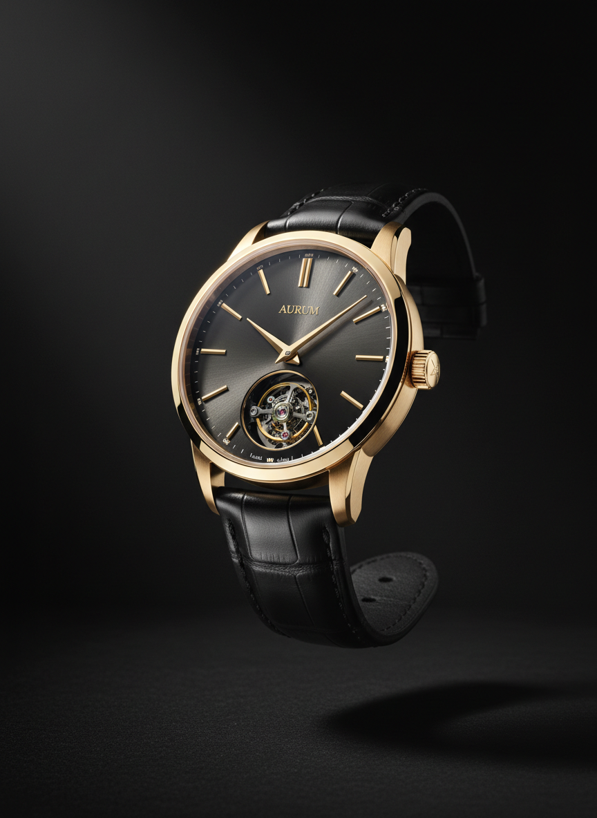 Luxury champagne gold wristwatch on black background