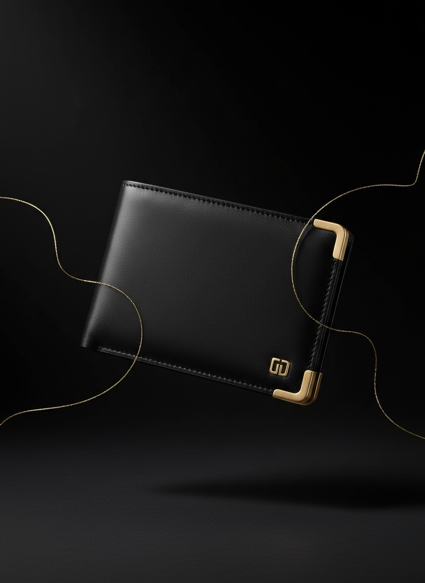 Luxury black leather accessory with gold detailing