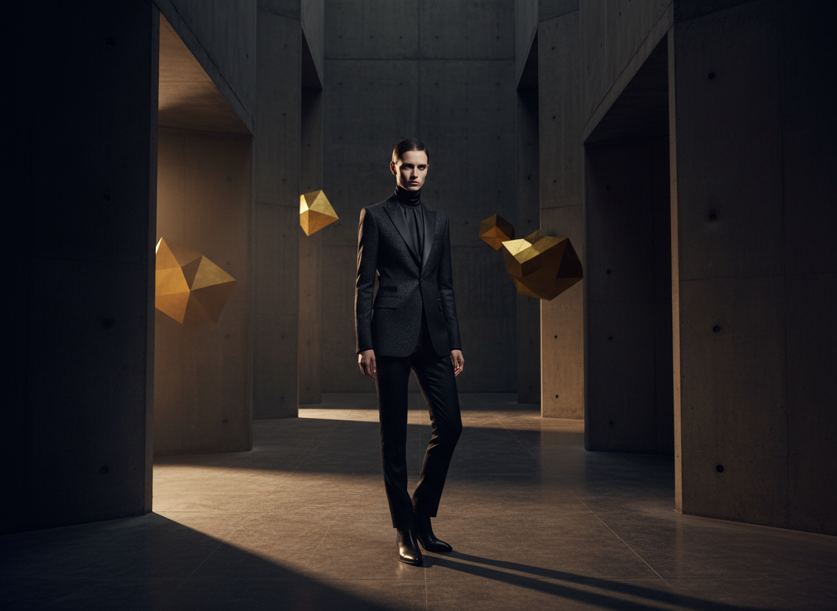 Elegant luxury lifestyle editorial scene in dark tones